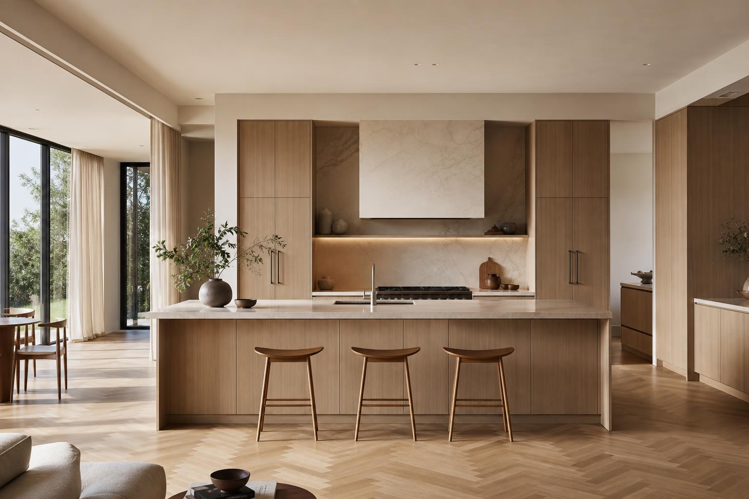 Keuken met lichtbruine houtlook kastjes en beige marmerlook blad