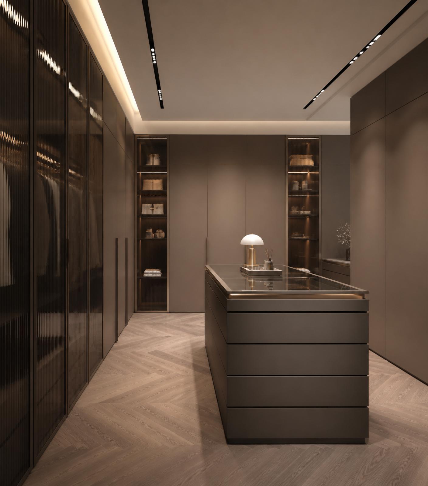 Walk-in wardrobe wrapped in taupe